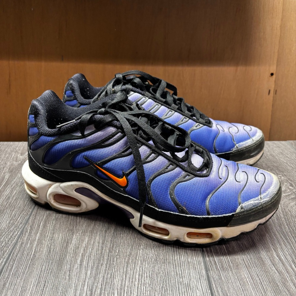 Nike Men's Blue and Black Sneakers with Orange Swoosh